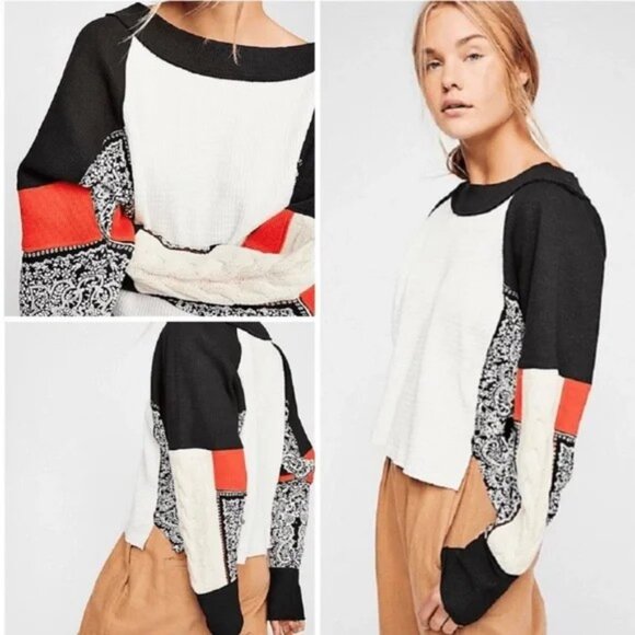 Free People Black and Cream Crop Top with Red Accents - Picture 3 of 7